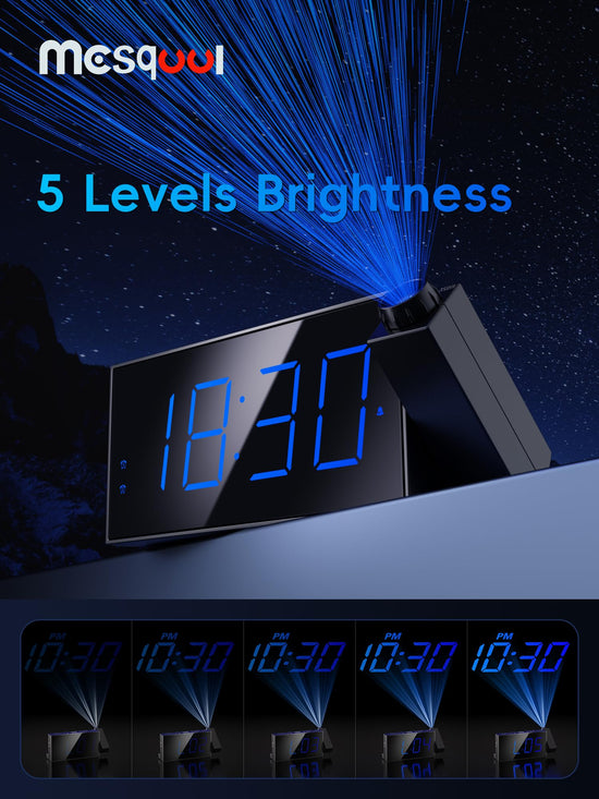 Digital projection alarm clock — 180° rotatable projector with USB charger and dual alarms