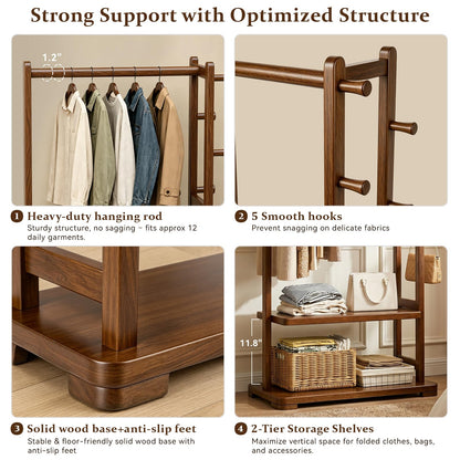 Taitiy coat rack - Solid wood with shelves and hooks for clothes and accessories