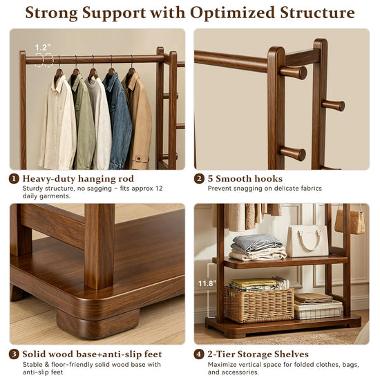 Taitiy coat rack - Solid wood with shelves and hooks for clothes and accessories