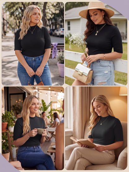 PrinStory shirt - Mock neck short sleeve ribbed knit design for summer outings
