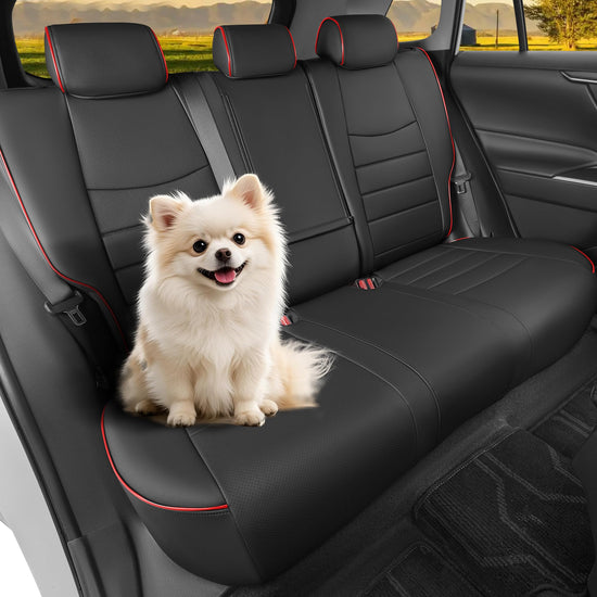 HKZ Elantra seat covers — custom fit leather full set in black and red for Hyundai Elantra 2021-2026 SE/SEL/SEL Sport & Hybrid with rear bench and fixed headrests.