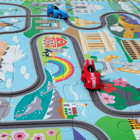 Melissa & Doug puzzles — Race around the world tracks with wind-up vehicles