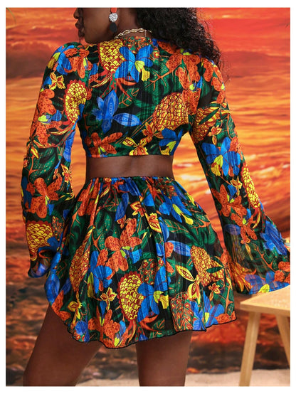 BEAUDRM women's tropical dress - sexy long bell sleeve two piece outfit