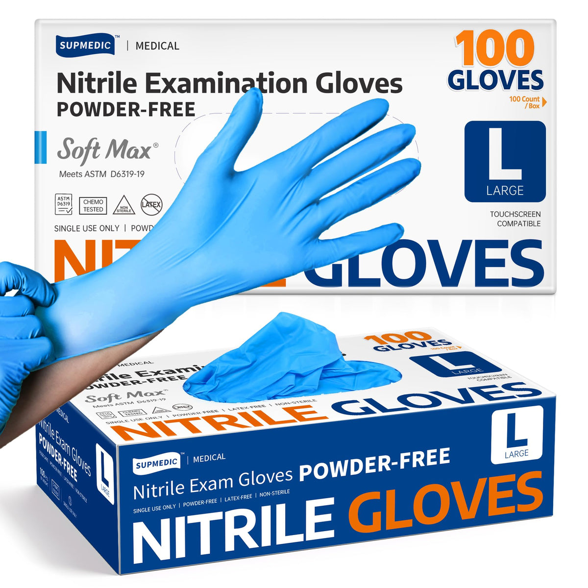 Protective glove — Supmedic nitrile exam, latex-free, powder-free, food safe, blue, large, 100 pcs