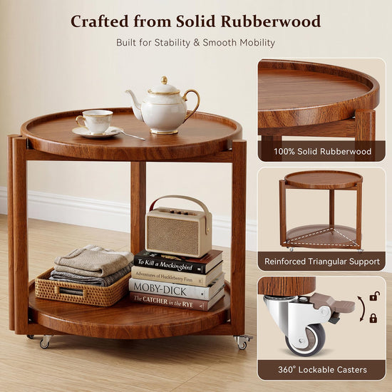 Taitiy rolling side table — solid wood with storage shelf and wheels in walnut 21.5