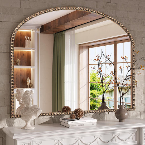 Brauthon beaded arched mirror — vintage metal beaded frame decorative mirror