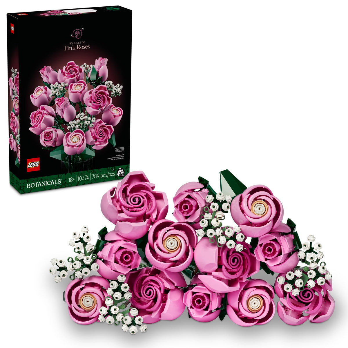 LEGO building blocks — bouquet of pink roses for home or office decor