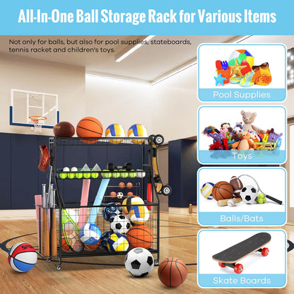 Sports equipment storage rack — heavy duty design with rolling cart and hooks