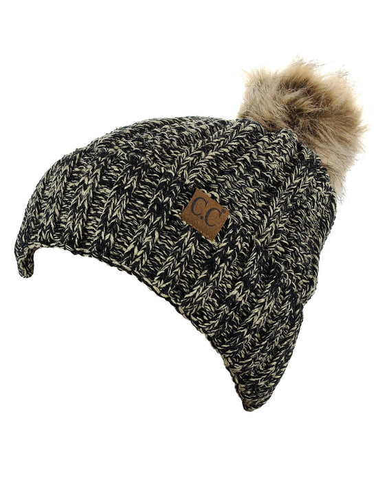 C.C cuff beanie with faux fur pom and fleece lining.