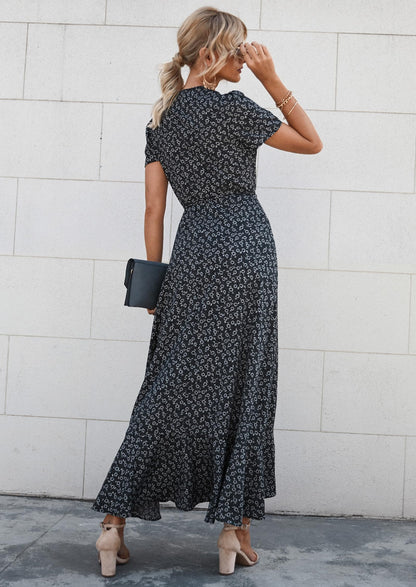 Dress — Boho floral maxi with short sleeves and wrap v neck design