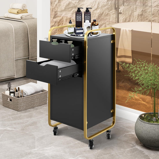 Black Salon Stations for Hair Stylist with Rolling Wheels, Heightened Beauty Salon Trolley Cart, Barber Hair Station Organizer with Dryer Holder & Drawer, Hairdressing Tools (Black Gold)