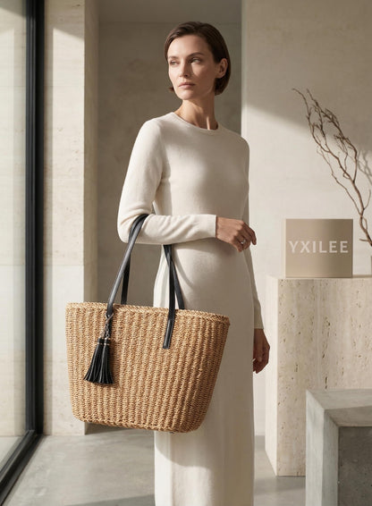 YXILEE tote bag — Woven summer straw design with shoulder strap