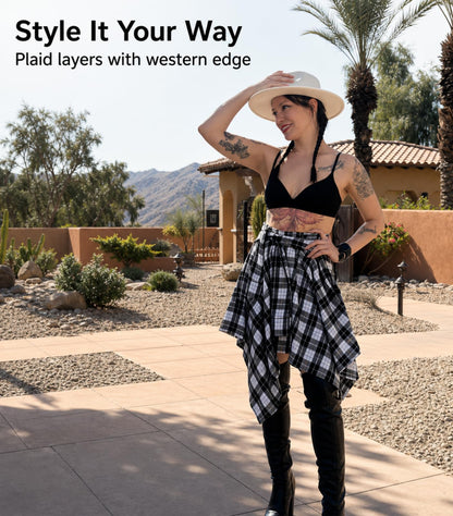 Skirt — High waisted plaid mini with asymmetrical hem and knot front design.