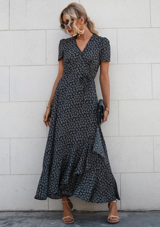 Dress — Boho floral maxi with short sleeves and wrap v neck design