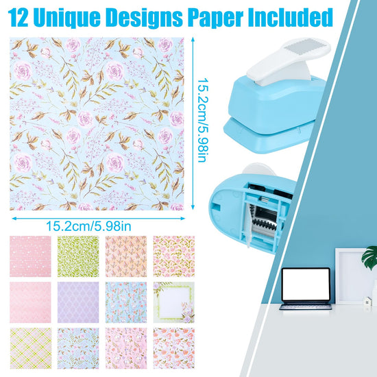 Myfivo hole punch — 1 inch rectangular postage stamp puncher with decorative paper for crafting projects
