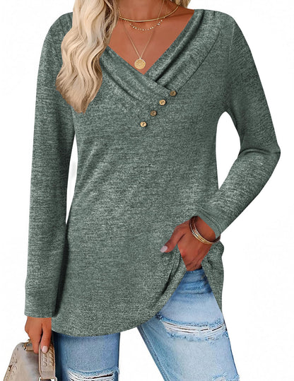 Zeagoo women's long sleeve tunic shirt with v neck and button detail for leggings