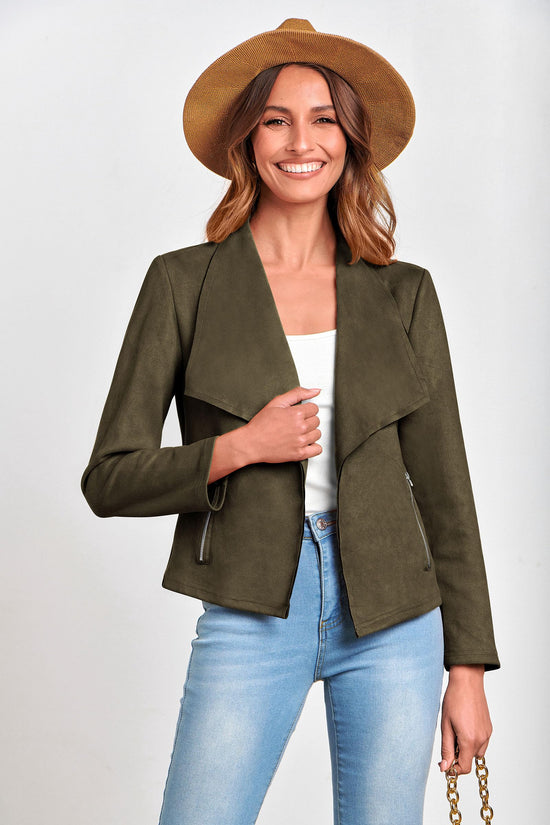 PRETTYGARDEN faux suede cropped coat with open front design