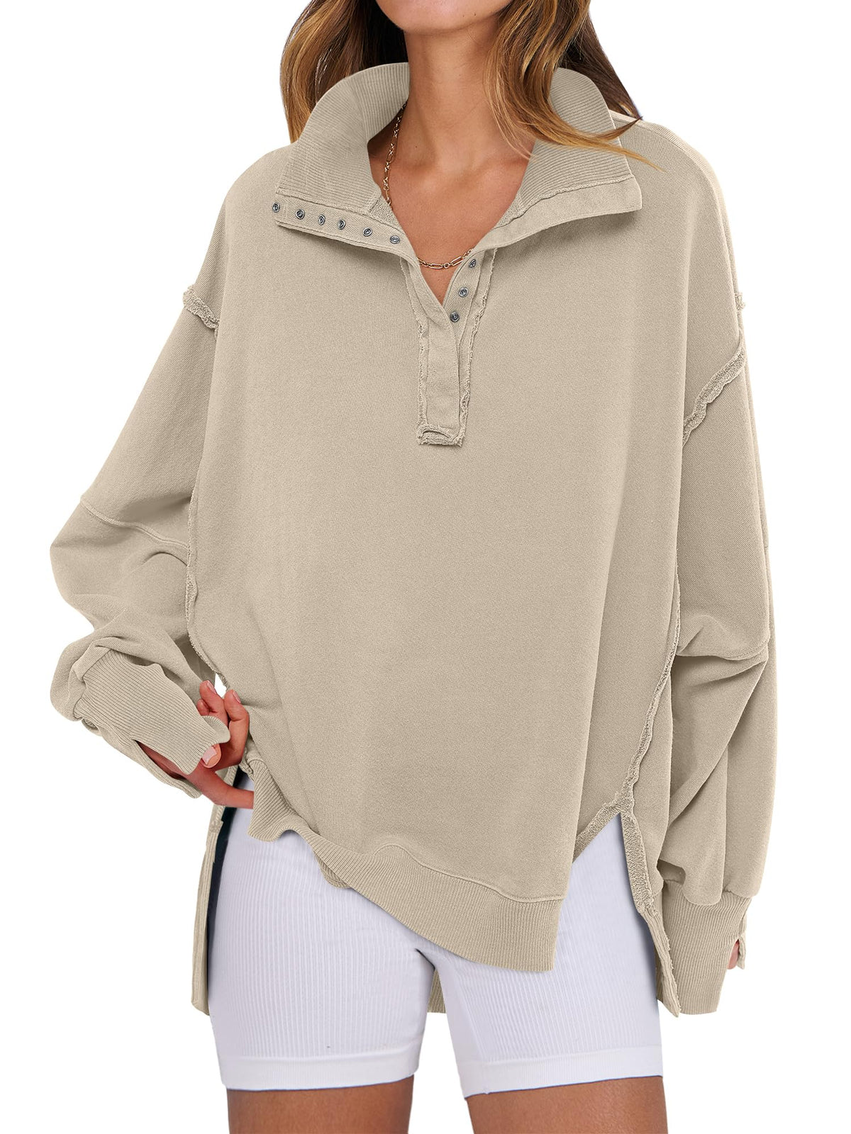 ANRABESS women's shirt - Oversized button up henley pullover with split hem