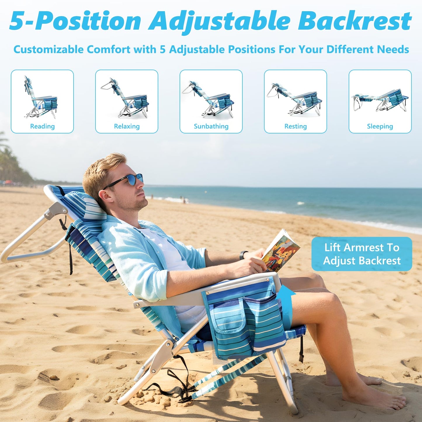 Folding Backpack Beach Chair for Adults, 5-Position Aluminum Lightweight Reclining Beach Chair, Low Sands Compact Chairs with Cup Holder and Padded Headrest for Lawn Patio Poolside,Supports 300lbs