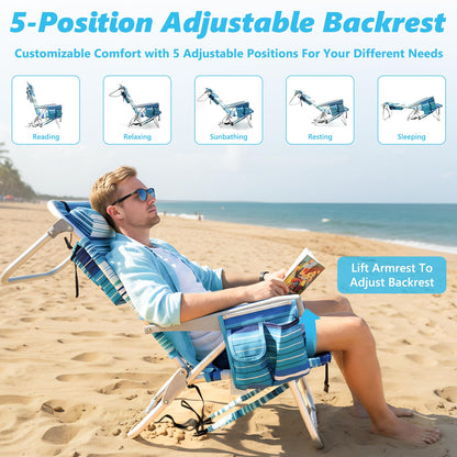 Folding Backpack Beach Chair for Adults, 5-Position Aluminum Lightweight Reclining Beach Chair, Low Sands Compact Chairs with Cup Holder and Padded Headrest for Lawn Patio Poolside,Supports 300lbs