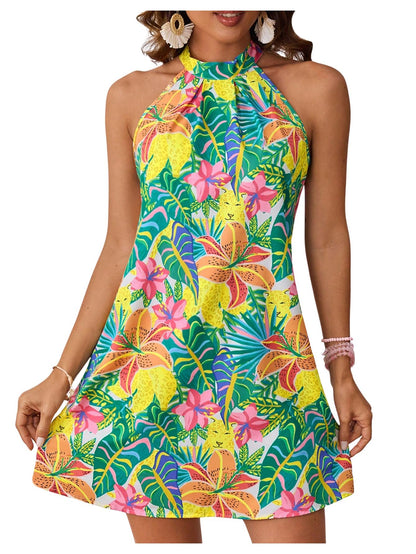 Floerns dress — sleeveless floral print halter neck A line short style
