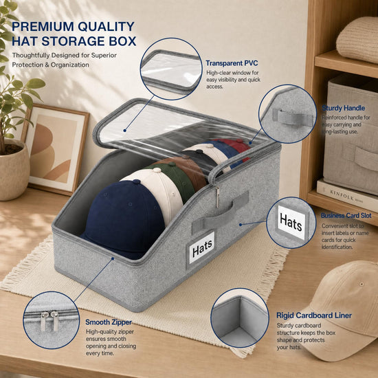 ZJKCXZEPNOV Hat Organizer for Baseball Caps, Clear Window Storage Container Holds Up to 12 Caps, Grey Closet Hat Holder Box for Home & Bedroom Organization