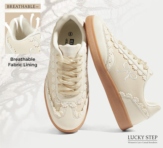 Sneakers — Lace detail with organza ribbon lace-up design and gum sole