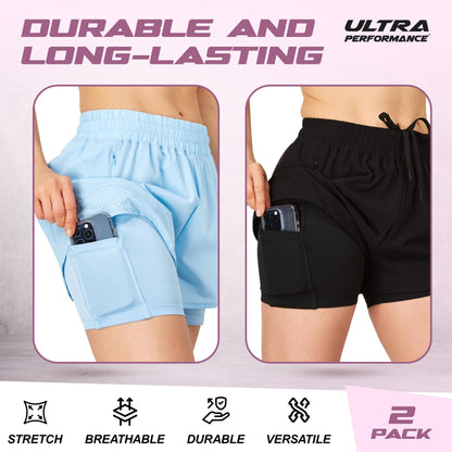 Womens running shorts — nylon compression with liner, pack of 2