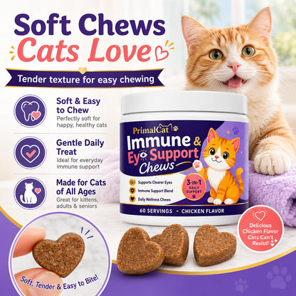 PrimalCat Immune & Eye Support, Chicken Flavor Upgraded Primal Cat Immune Chews, Cat Food, Supports Healthy Eyes and Immune Function 60 Chews (1 Pcs)