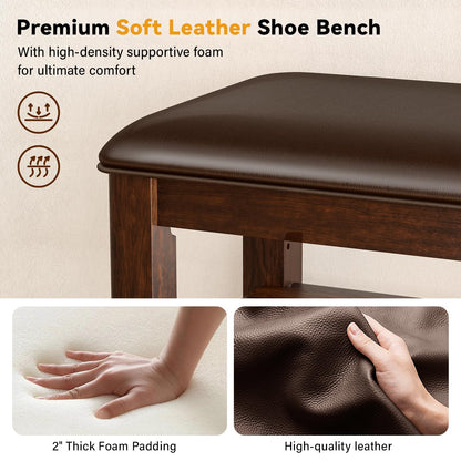 Bench with leather cushion and adjustable shelves for entryway storage