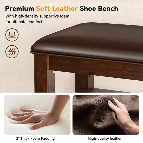 Bench with leather cushion and adjustable shelves for entryway storage