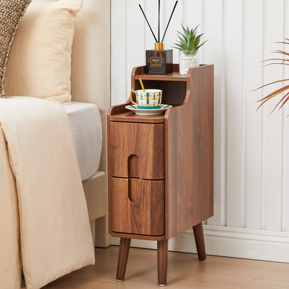 Narrow End Table Living Room, Wooden Small 2 Drawer Nightstand Bedroom, Thin Couch Side End Table, Vintage Skinny Bedside Table Small Spaces, Mid Century Modern Night Stand with Drawers (Walnut-1 pc)