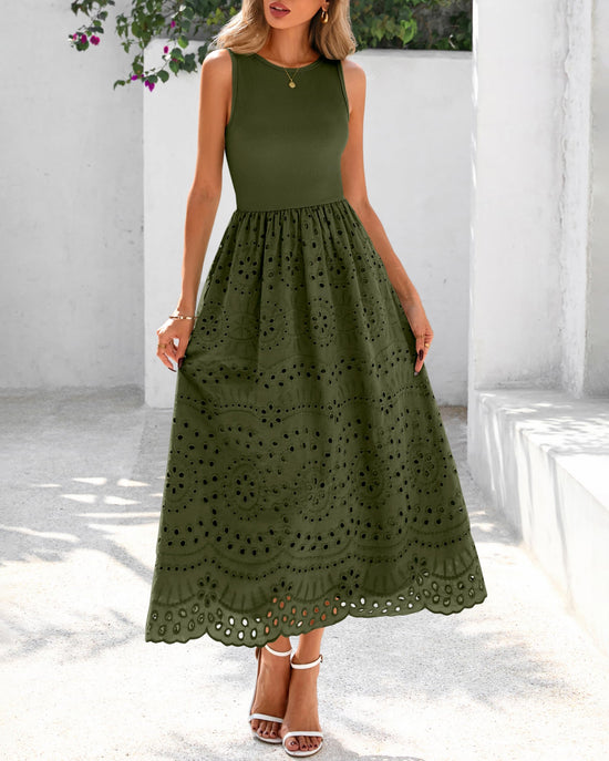 Dowerme dress — Casual sleeveless A-line maxi with pockets and lace eyelet detail.