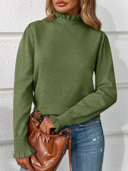 Sweater — Womens ruffle mock neck pullover with puff sleeves
