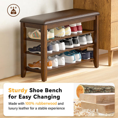 Bench with leather cushion and adjustable shelves for entryway storage
