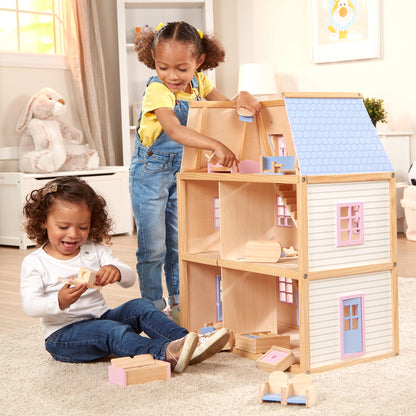 Miniature toy building — Melissa & Doug wooden multi-level dollhouse for kids
