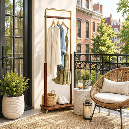 Taitiy clothes rack — Solid wood and metal combination with wheels for easy mobility