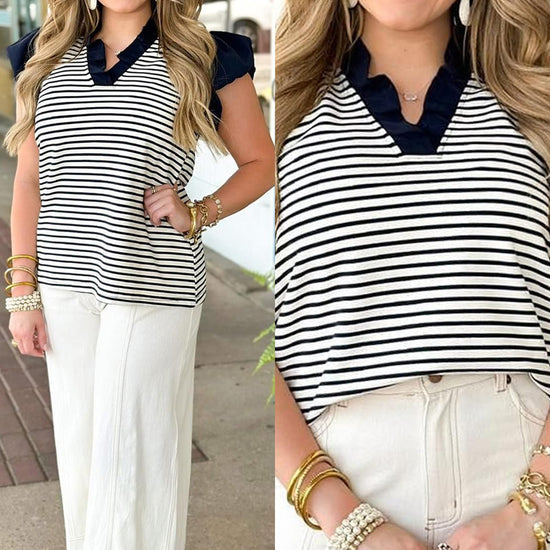 Shirt — Ruffle cap sleeve with pleated v neck design