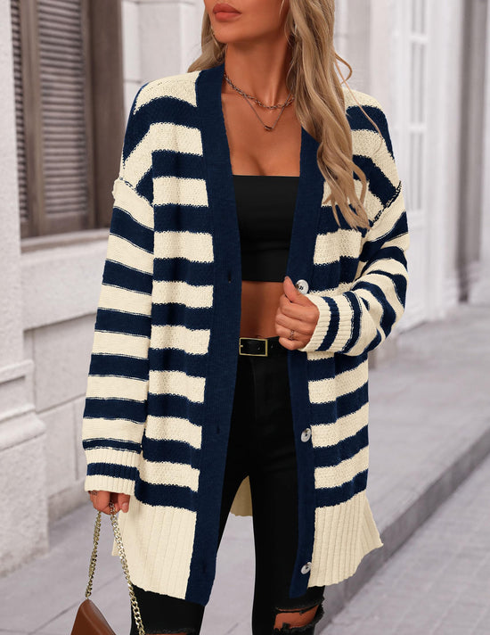 PRETTYGARDEN sweater - Oversized striped cardigan with button down front and long sleeves