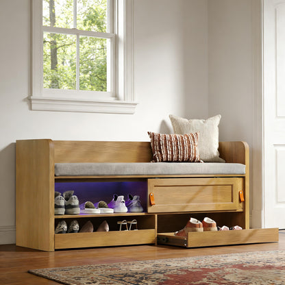 STO'SENSE Premium Entryway Bench with Storage & Invisible UV Shoe Care Modern Oak Mudroom Bench with Hidden Sliding Doors & Pop-Out Drawers Upholstered Seating, 47" (Oak)