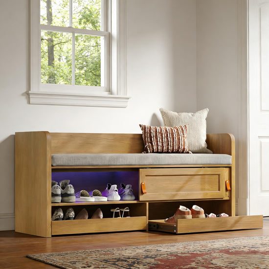STO'SENSE Premium Entryway Bench with Storage & Invisible UV Shoe Care Modern Oak Mudroom Bench with Hidden Sliding Doors & Pop-Out Drawers Upholstered Seating, 47" (Oak)