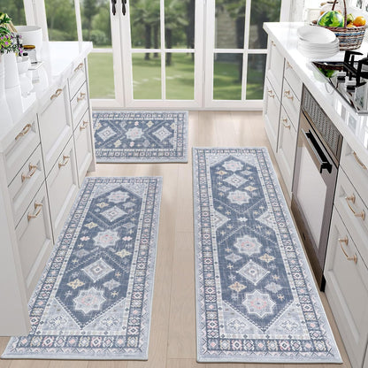 HEBE boho kitchen rug set — washable non-slip mats and runner for home decor