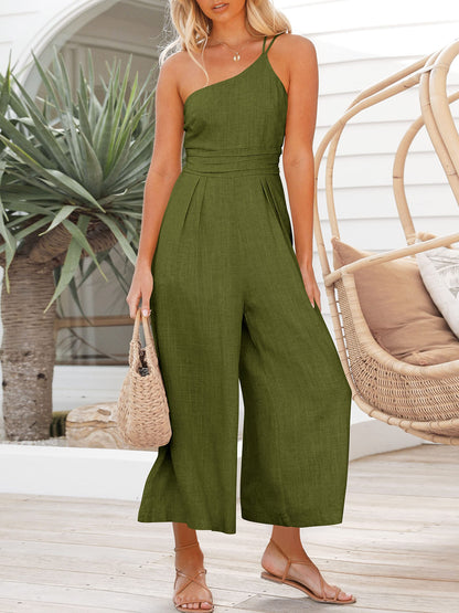ANRABESS one shoulder high waist linen jumpsuit romper for beach travel outfits