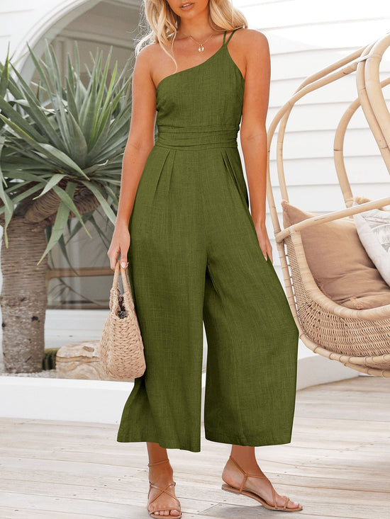 ANRABESS one shoulder high waist linen jumpsuit romper for beach travel outfits