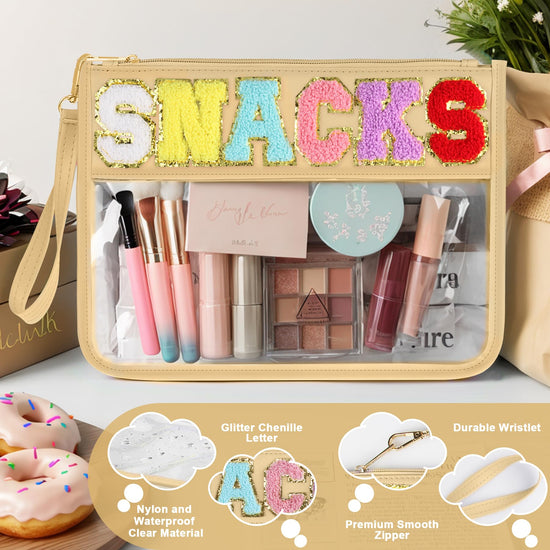 Snack bag - Clear chenille varsity letter pouch with zipper, waterproof nylon tote for women girls