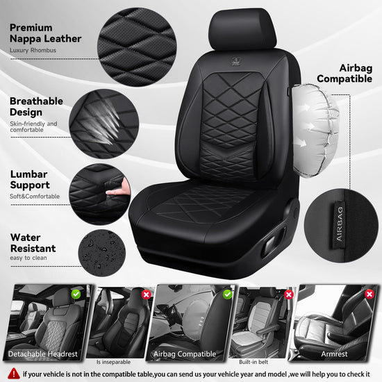 CAR PASS Luxury Nappa Leather Seat Covers Full Set, Water Resistant Faux Leather Seat Covers with Lumbar Support, Comfortable Automotive Seat Covers Universal Fit for SUV Sedan Van Truck, Solid Black