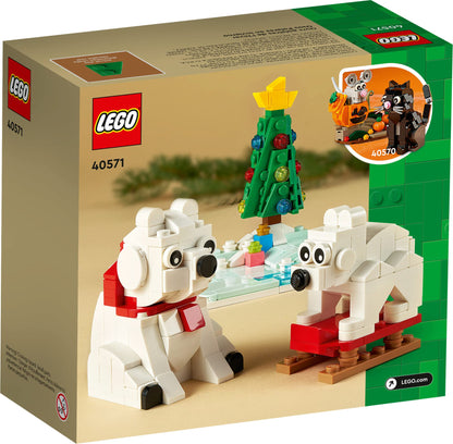 LEGO building blocks — wintertime polar bears with Christmas tree and two toys
