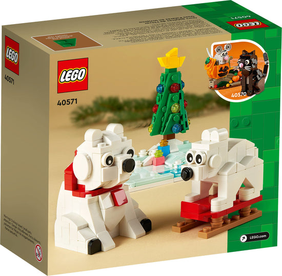 LEGO building blocks — wintertime polar bears with Christmas tree and two toys