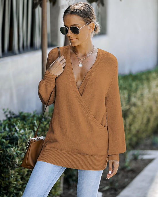 LookbookStore women's sweater - Knit long sleeve faux wrap surplice v neck top