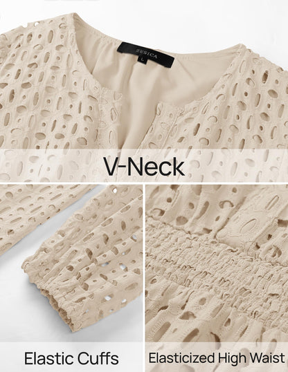 ZESICA women's long sleeve mini dress with eyelet embroidery and ruffle details